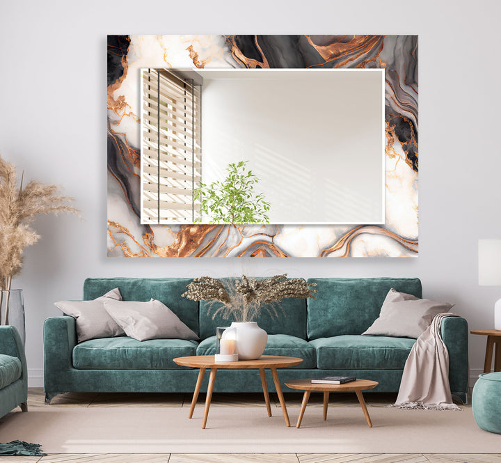 Modern Round Glass Wall Mirror with Marble Design