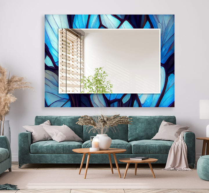 Blue Forest Glass Wall Mirror – Artistic Leaf Pattern Frame