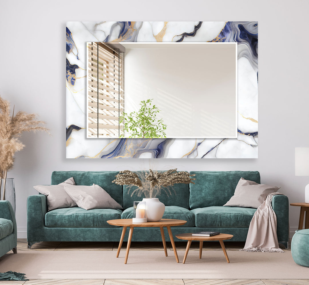 White Marble Glass Wall Mirror – Blue Vein Decorative Accent