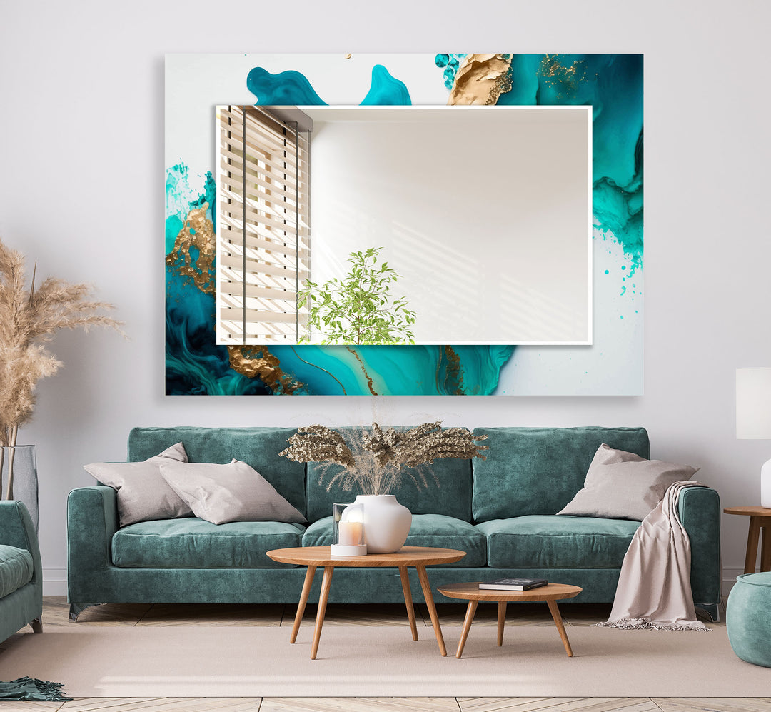 Aqua Marble Glass Wall Mirror – Turquoise Abstract Frame Design