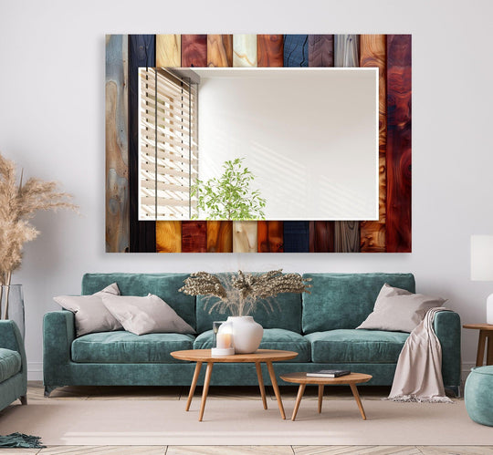 A wooden effect glass mirror art piece features a frame with diverse brown and rustic wood tones offering modern style