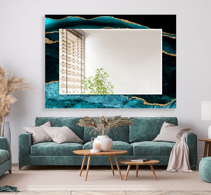 Ocean Gold Wave Wandspiegel – Eleganter Rahmen aus Blaugrün und Marmorglas
