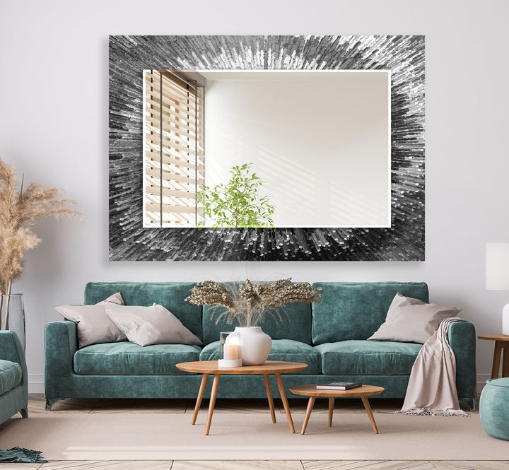 Strahlender Wandspiegel aus geplatztem Glas – Moderne reflektierende Kunst in Schwarzweiß 