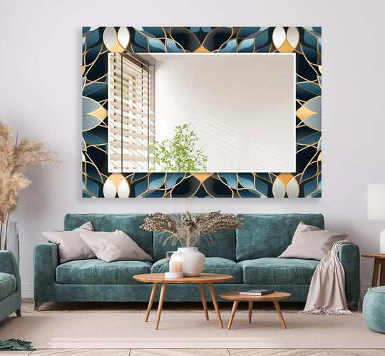 The wall mirror features a dark blue leaves motif and has a black frame and it is a black frame mirror perfect for luxury glass decor and stained glass mirror on a white wall