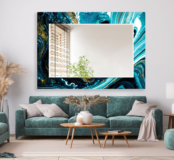 Ocean Swirl Glass Wall Mirror – Turquoise Black Marble Design