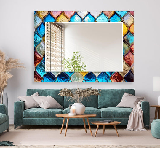 The large wall mirror features a colorful mosaic stones design and an elegant decorative style and is a stunning stained glass mirror and decorative wall mirror perfect for any room