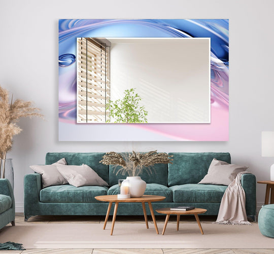 A large wall mirror with abstract purple blue and pink hues reflecting a room with a plant and blinds offers artistic home decor