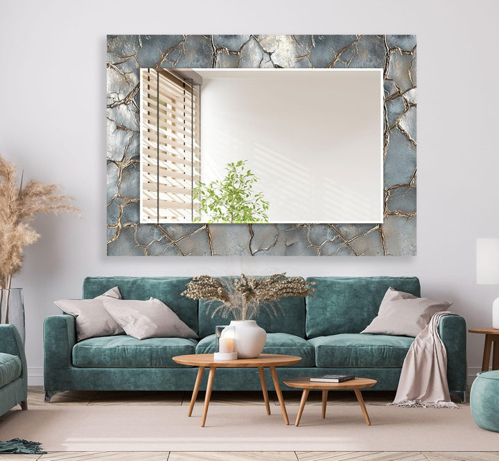 Gray Shiny Cracked Stone Wall Mirror lighted mirror
