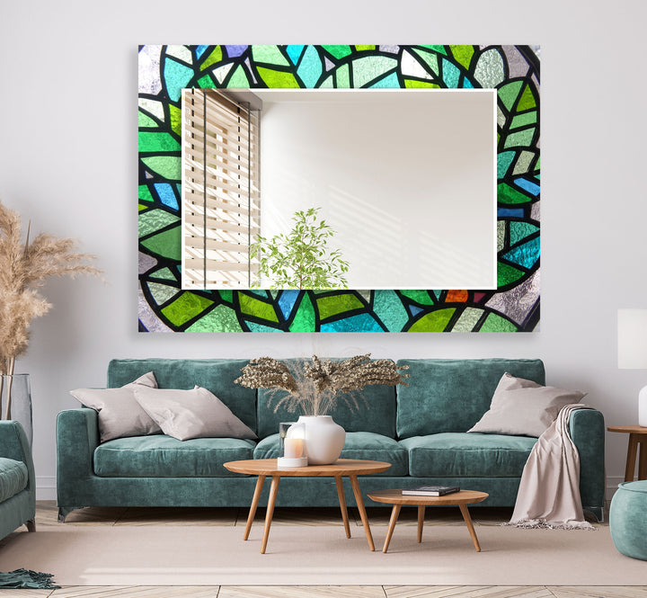 Green Mosaic Glass Wall Mirror – Vibrant Stained Art Frame