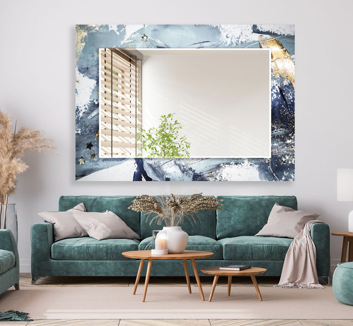 Stardust Splash Glas-Wandspiegel – Blau-Gold-Abstraktes Design 