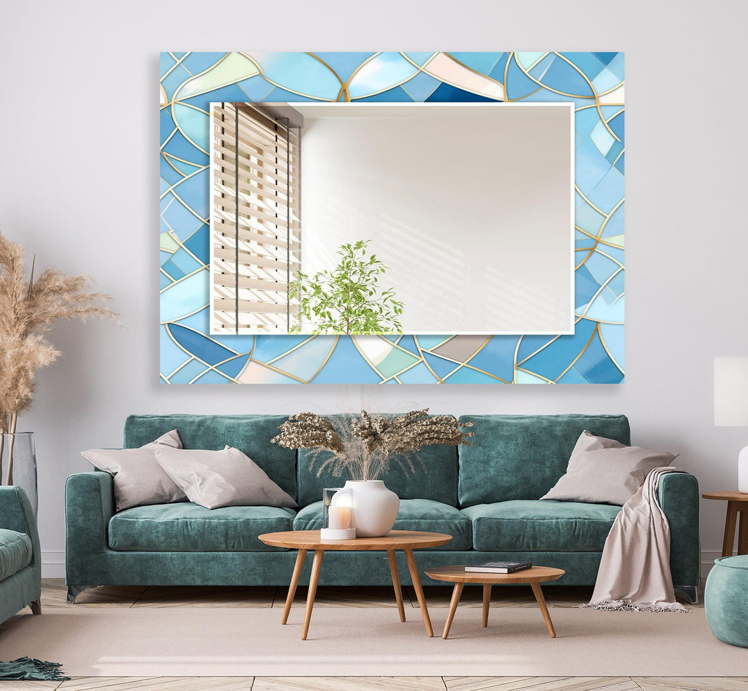Light Blue Stained Details Wall Mirror Bedroom Wall Mirror
