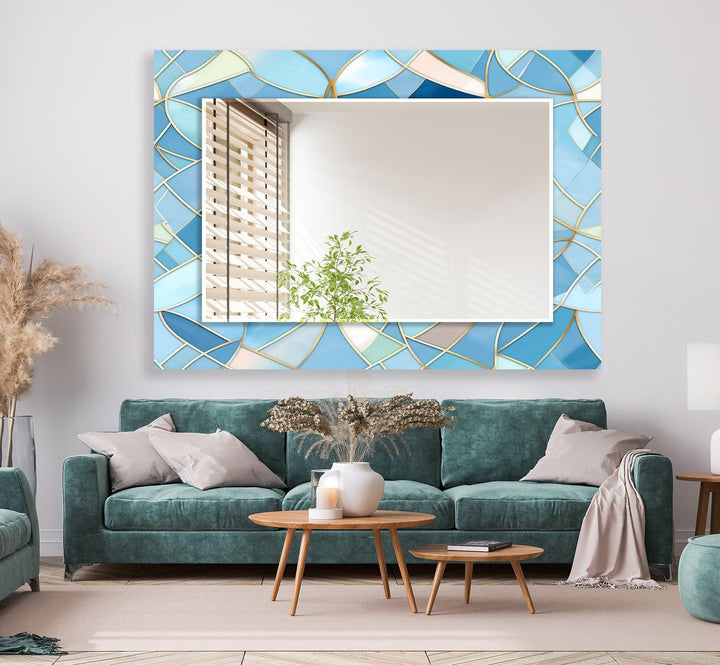 Light Blue Stained Details Wall Mirror Bedroom Wall Mirror
