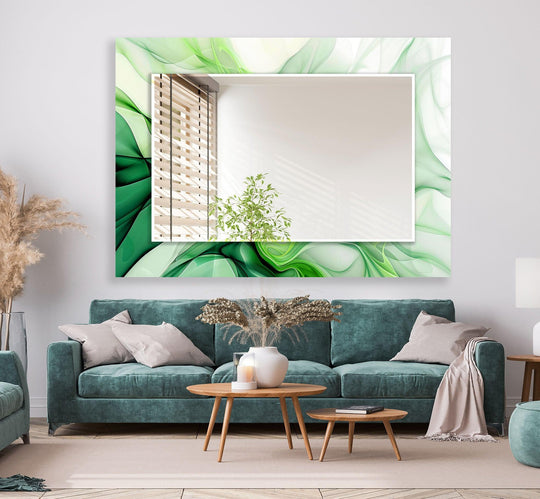 Green White Abstract Mirror Art with a swirling green and white design and glass construction reflecting a room