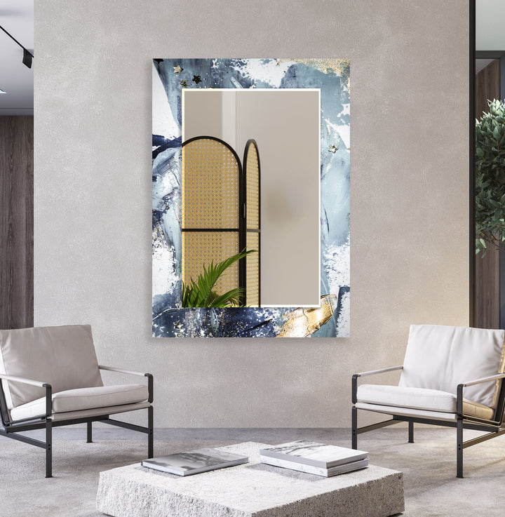 Stardust Splash Glas-Wandspiegel – Blau-Gold-Abstraktes Design 