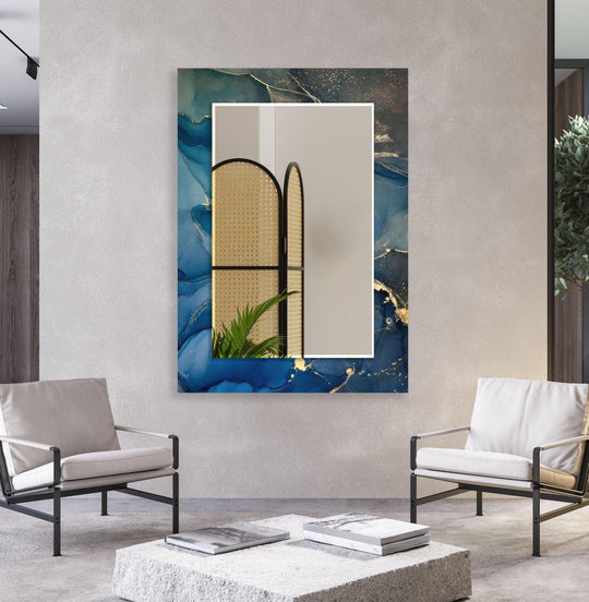 The blue marble wall mirror shows abstract gold veining and it is modern bathroom mirror art for sophisticated mirror decor