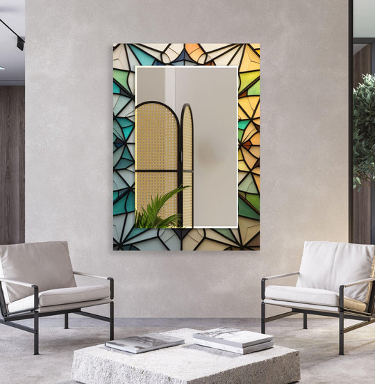 The stained wall mirror features blue and yellow colors and is a stained glass art piece and a colorful decorative art piece for a living room wall