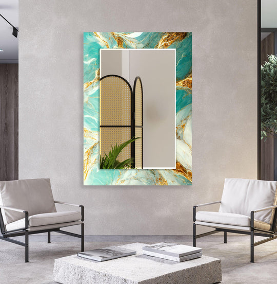 Turquoise Marble Glass Wall Mirror – Elegant Gold Accent Decor - MyPhotoStation