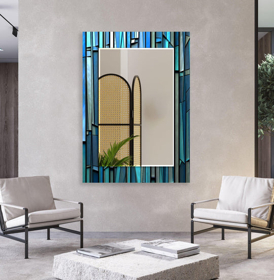 The wall mirror features a blue stained glass design and 3D effect and is stained glass mirror art and modern home decor and elegant wall art