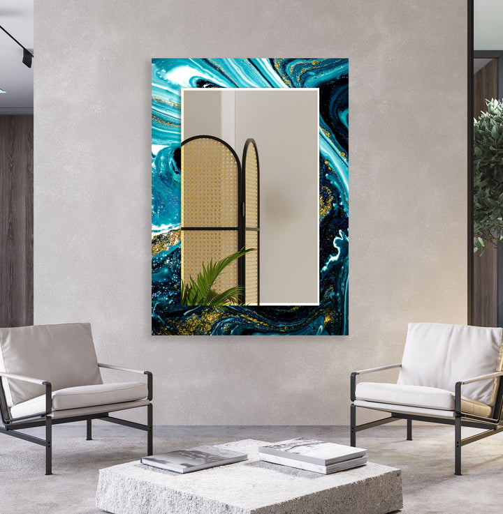 Ocean Swirl Glass Wall Mirror – Turquoise Black Marble Design