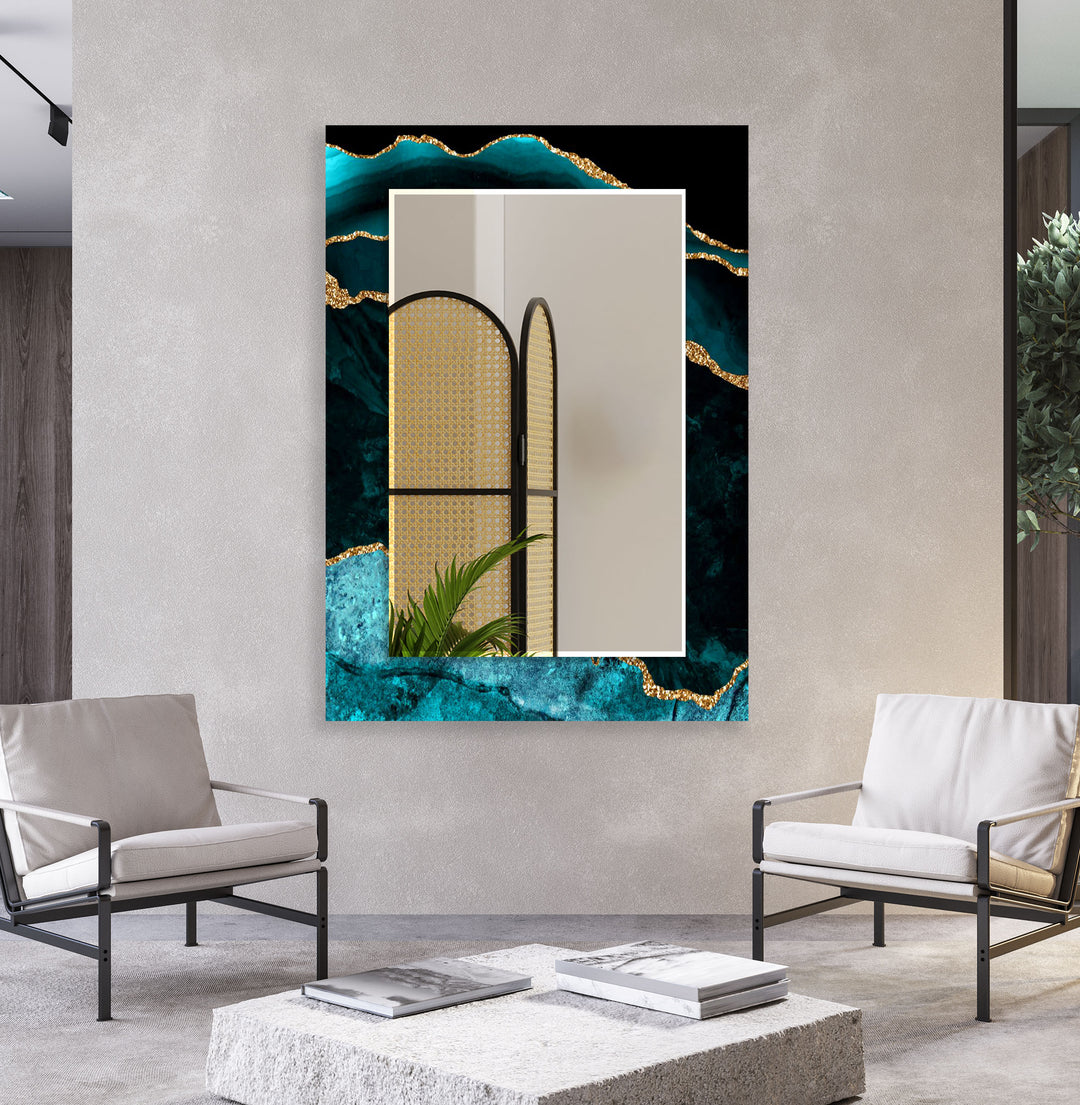 Ocean Gold Wave Wandspiegel – Eleganter Rahmen aus Blaugrün und Marmorglas