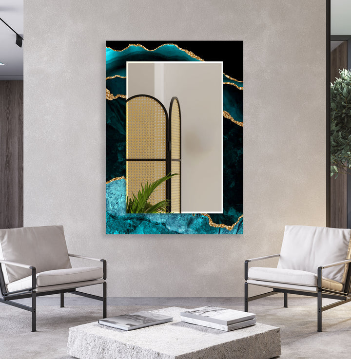 Ocean Gold Wave Wandspiegel – Eleganter Rahmen aus Blaugrün und Marmorglas