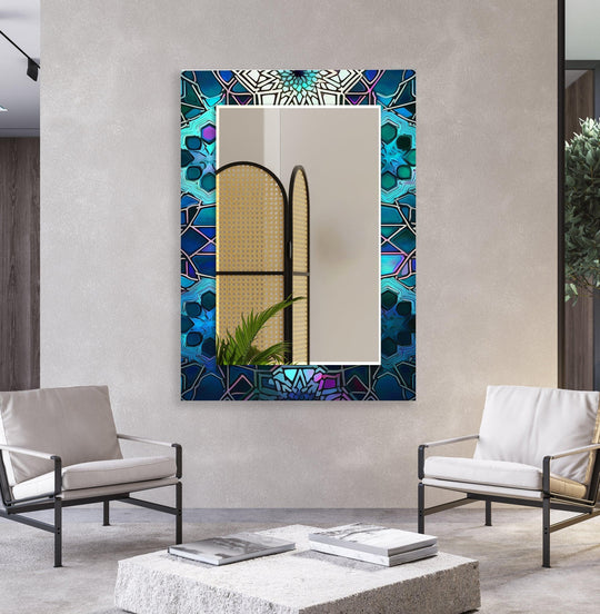 The abstract wall mirror features a dark blue design and decorative frame and is bold wall decor