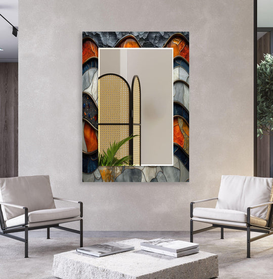 A horizontal wall mirror featuring marble effect orange and black abstract patterns and textured tempered glass on a light wall
