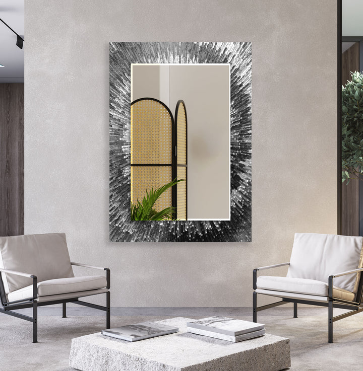 Strahlender Wandspiegel aus geplatztem Glas – Moderne reflektierende Kunst in Schwarzweiß 