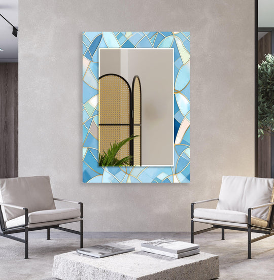 The modern mirror features a light blue stained details design and blue mosaic stones and is stained glass mirror wall art for elegant decorative design