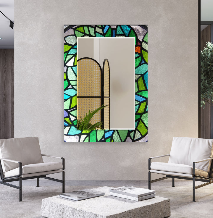 Green Mosaic Glass Wall Mirror – Vibrant Stained Art Frame