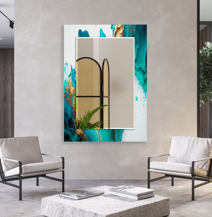 Aqua Marble Glass Wall Mirror – Turquoise Abstract Frame Design