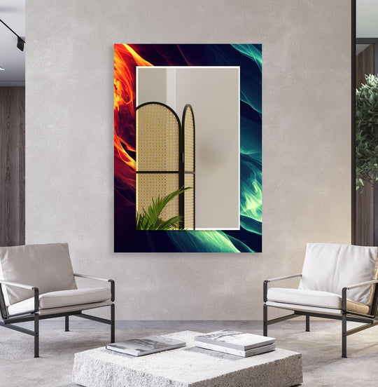 Large wall mirror with abstract red green neon lines and vibrant colors reflecting arched rattan screens and a plant a bold dynamic design