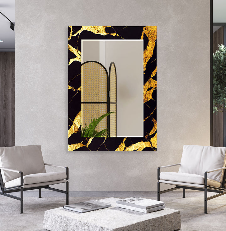Goldmarmor-Glas-Wandspiegel – Schwarz &amp; Gold Moderne Wohndekoration 