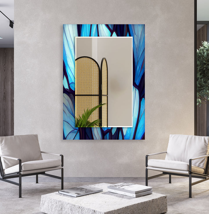 Blue Forest Glass Wall Mirror – Artistic Leaf Pattern Frame