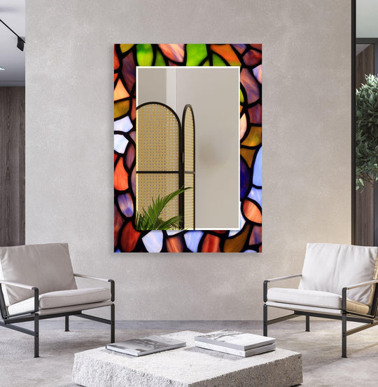 The decorative wall mirror has colored stones and vibrant glass accents making it a stained glass wall mirror and vibrant wall decor