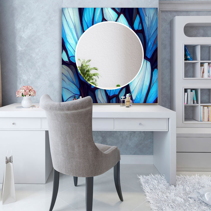 Blue Forest Glass Wall Mirror – Artistic Leaf Pattern Frame