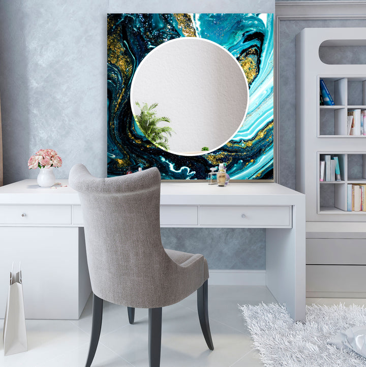 Ocean Swirl Glass Wall Mirror – Turquoise Black Marble Design