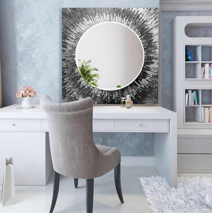 Strahlender Wandspiegel aus geplatztem Glas – Moderne reflektierende Kunst in Schwarzweiß 