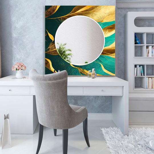 A decorative wall mirror features abstract green and gold leaf art and an elegant round glass surface perfect for wall decor