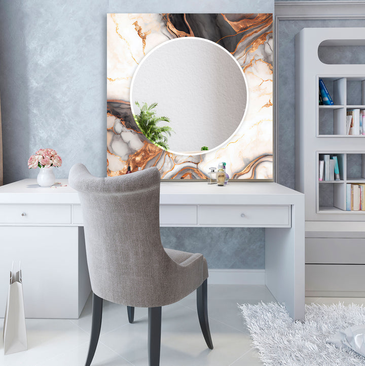 Modern Round Glass Wall Mirror with Marble Design