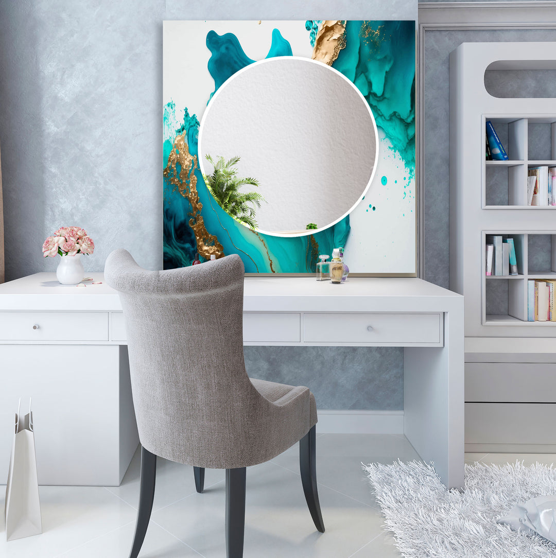 Aqua Marble Glass Wall Mirror – Turquoise Abstract Frame Design