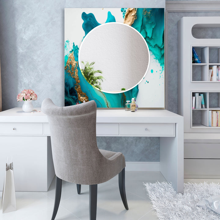 Aqua Marble Glass Wall Mirror – Turquoise Abstract Frame Design