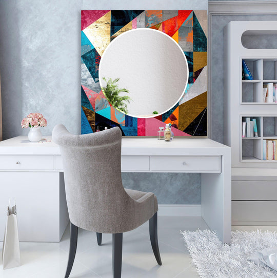 Mirror Art with colorful geometric shapes in red orange blue and gold featuring abstract patterns and a modern statement piece on a textured wall