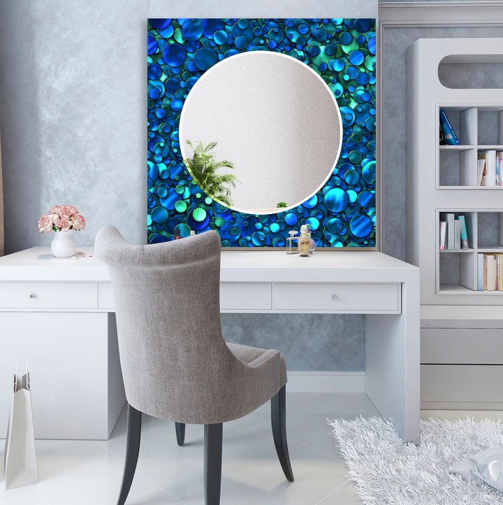 Ocean Bubble Glas-Wandspiegel – Kräftiger blauer dekorativer Rahmen
