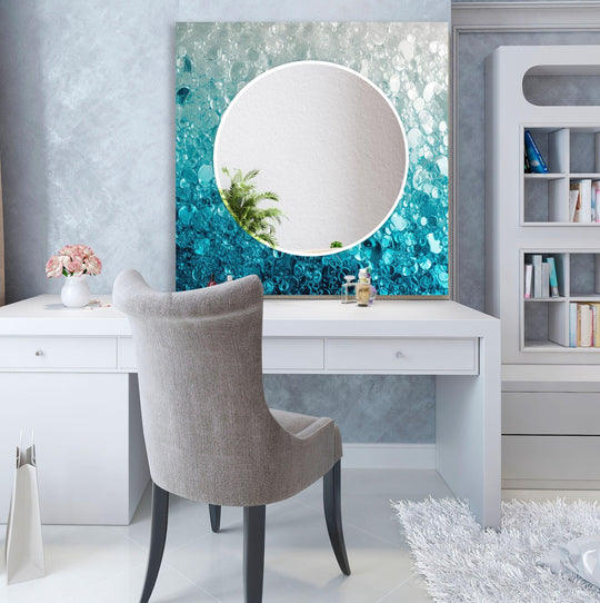 Decorative Wall Mirrors presenting a blue abstract bubbles motif around a round mirror offering a modern design