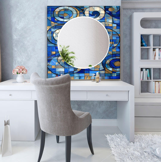 Geometric Blue Wall Mirror a round bathroom mirror featuring an abstract blue and gold art piece design crafted from tempered glass
