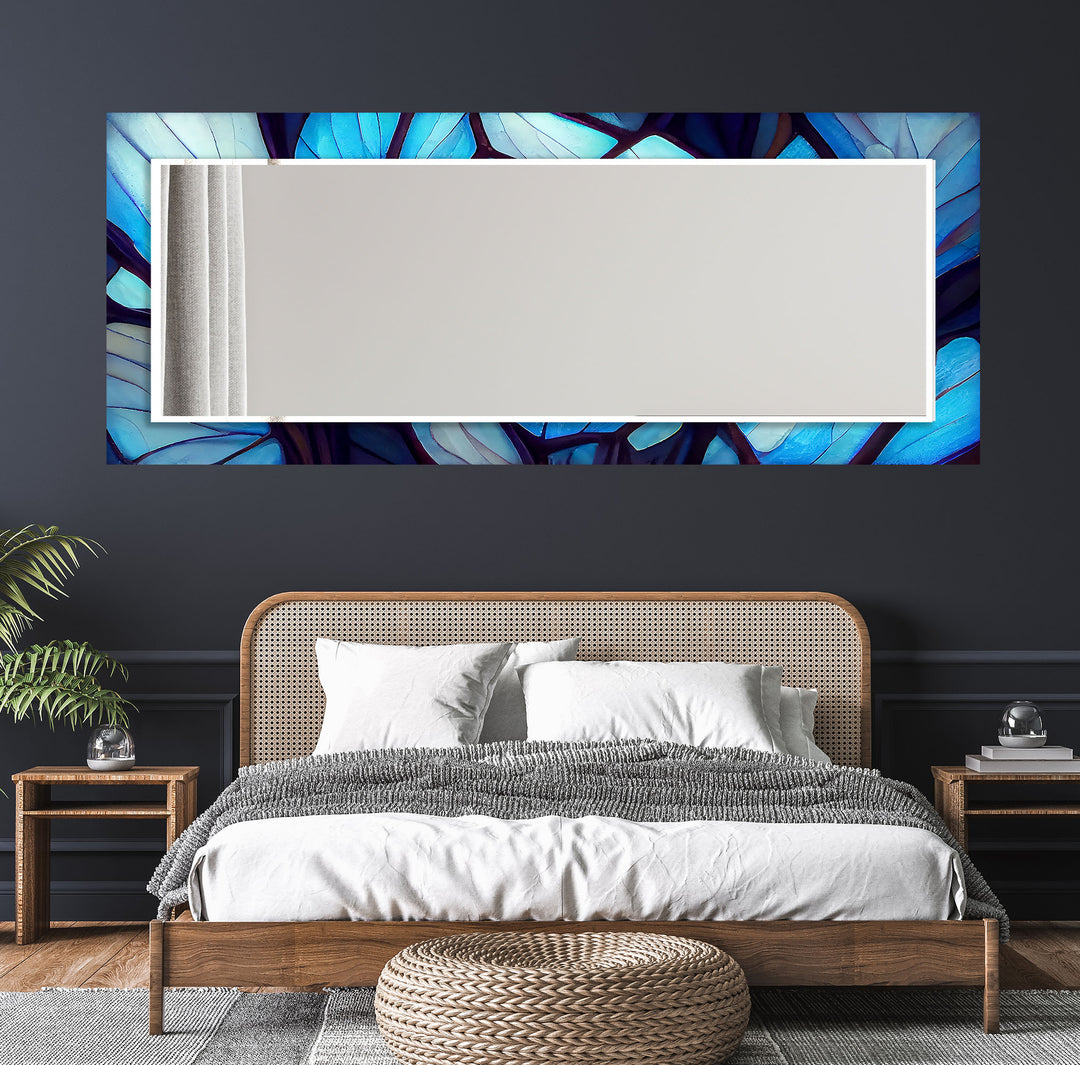 Blue Forest Glass Wall Mirror – Artistic Leaf Pattern Frame