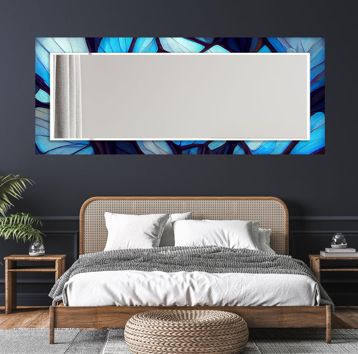 Blue Forest Glass Wall Mirror – Artistic Leaf Pattern Frame