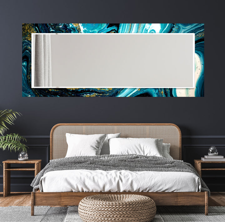 Ocean Swirl Glass Wall Mirror – Turquoise Black Marble Design