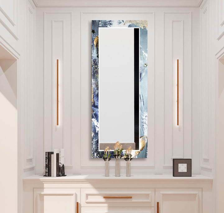 Stardust Splash Glas-Wandspiegel – Blau-Gold-Abstraktes Design 